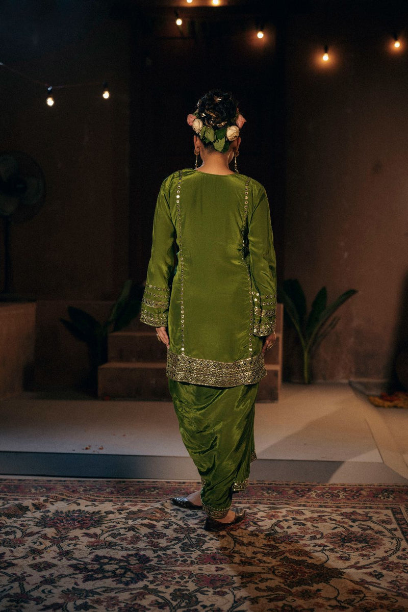 Sunira Kurta Skirt Set- Mehendi silk by PRAHNAAYA for women Worldwide