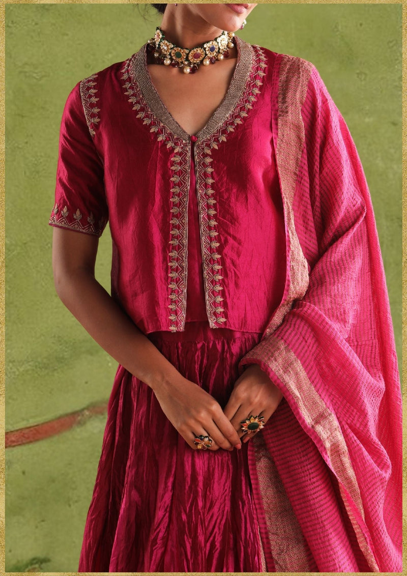 Mulberry Lehenga Choli Dupatta by Myoho in pink color for women Worldwide