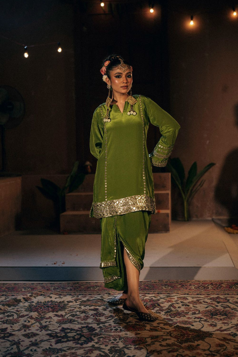 Sunira Kurta Skirt Set- Mehendi silk by PRAHNAAYA for women Worldwide