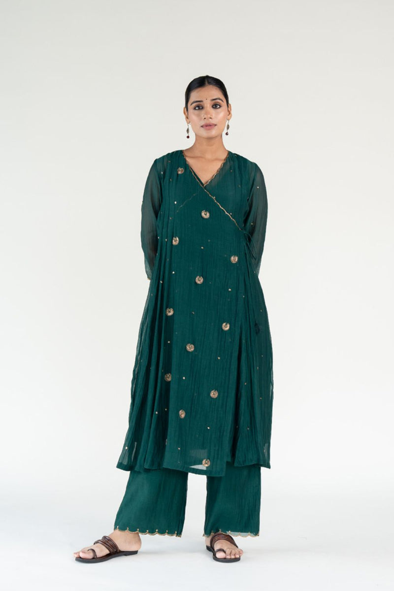 Green Angarkha Set-Emerald chanderi by Nirjara for women Worldwide