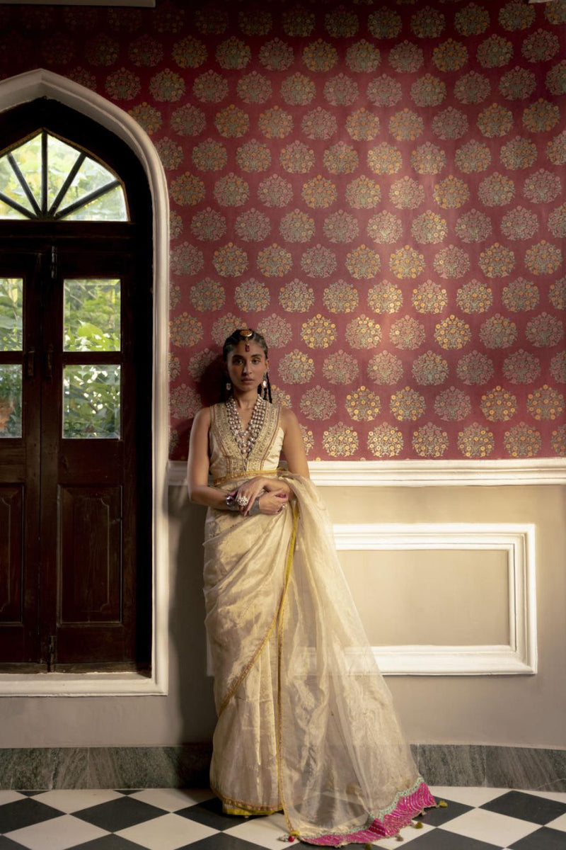 Fariba Ivory Golden Tissue Sari Set Sarees by Rajiramniq for women Worldwide