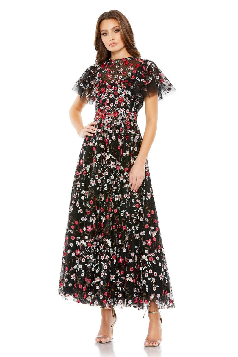 20323-Embellished Butterfly Tea Length A Line Dress mul by Mac Duggal in black color for women Worldwide