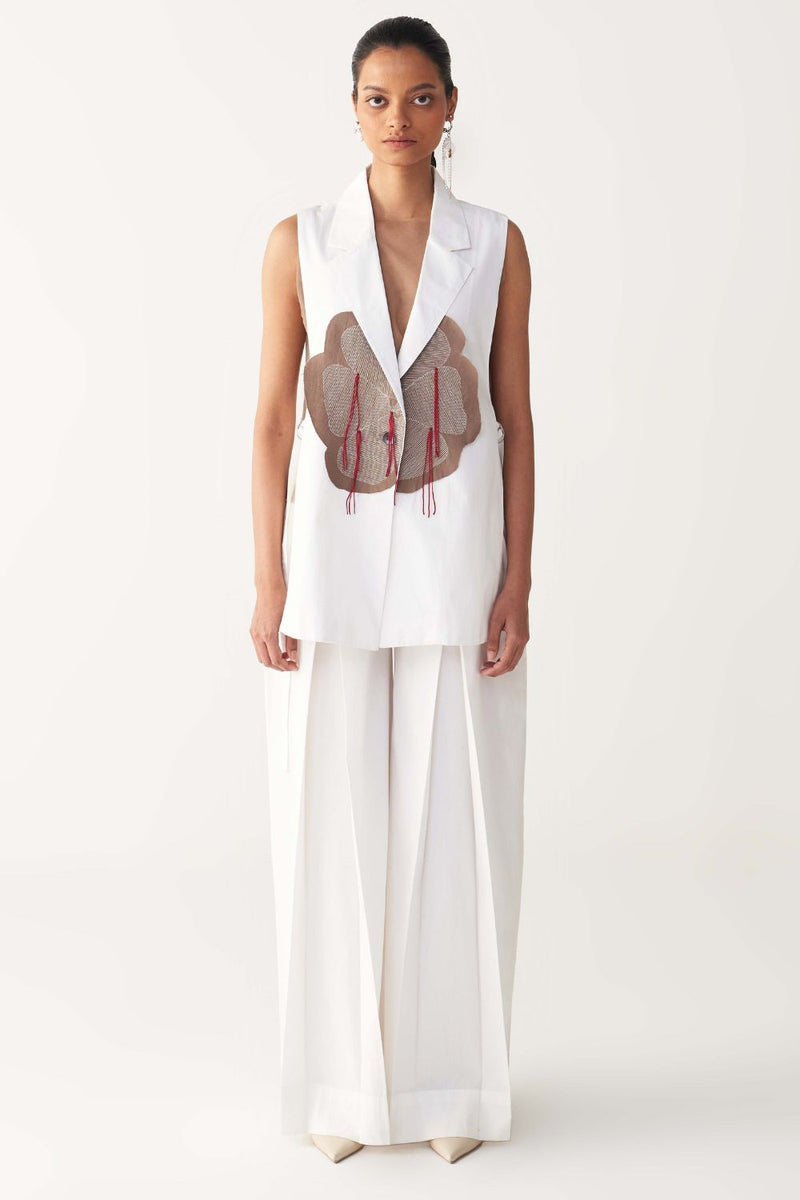 FLORAL FRINGE WAIST COAT CO-ORD-WHITE poplin by THREE in white color for women Worldwide