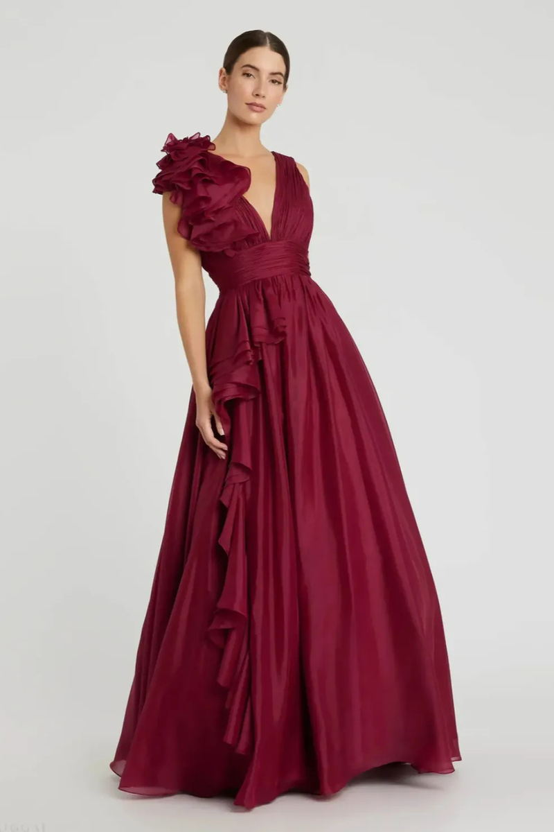 Burgundy Ruffle Shoulder V-Neck Chiffon Gown chiffon by Mac Duggal for women Worldwide