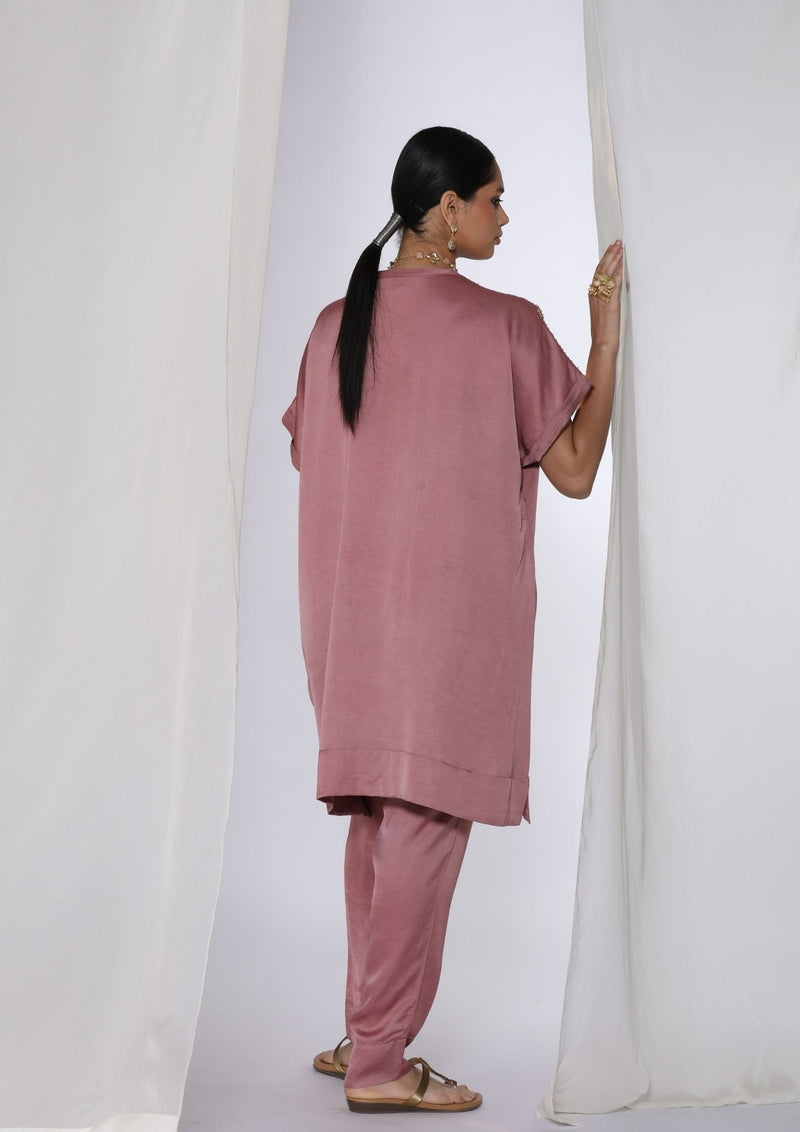 Linen satin co-ord set with knot handwork embroidery satin by Myoho in pink color for women Worldwide