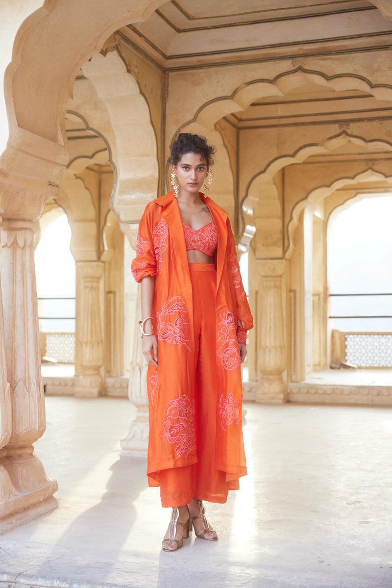 PH-2302 Blouse Jacket Trouser Set-Vemillion organza by Paulmi & Harsh for women Worldwide