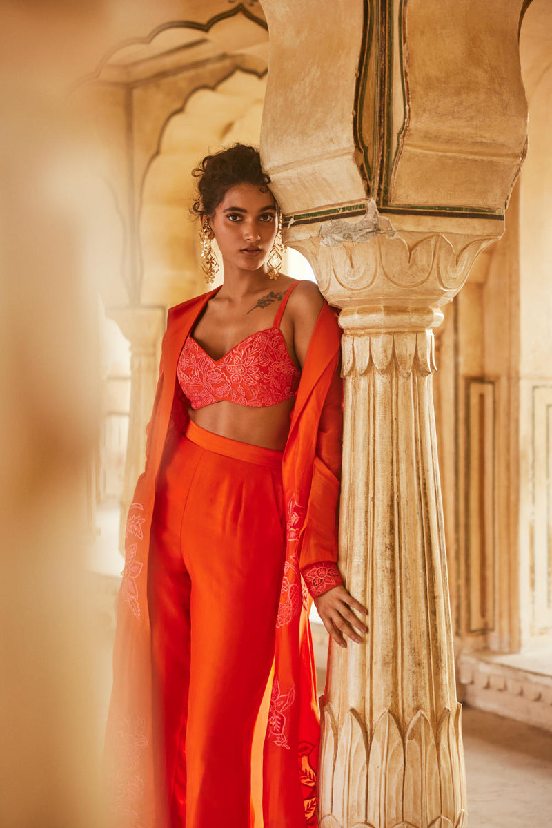 PH-2302 Blouse Jacket Trouser Set-Vemillion organza by Paulmi & Harsh for women Worldwide