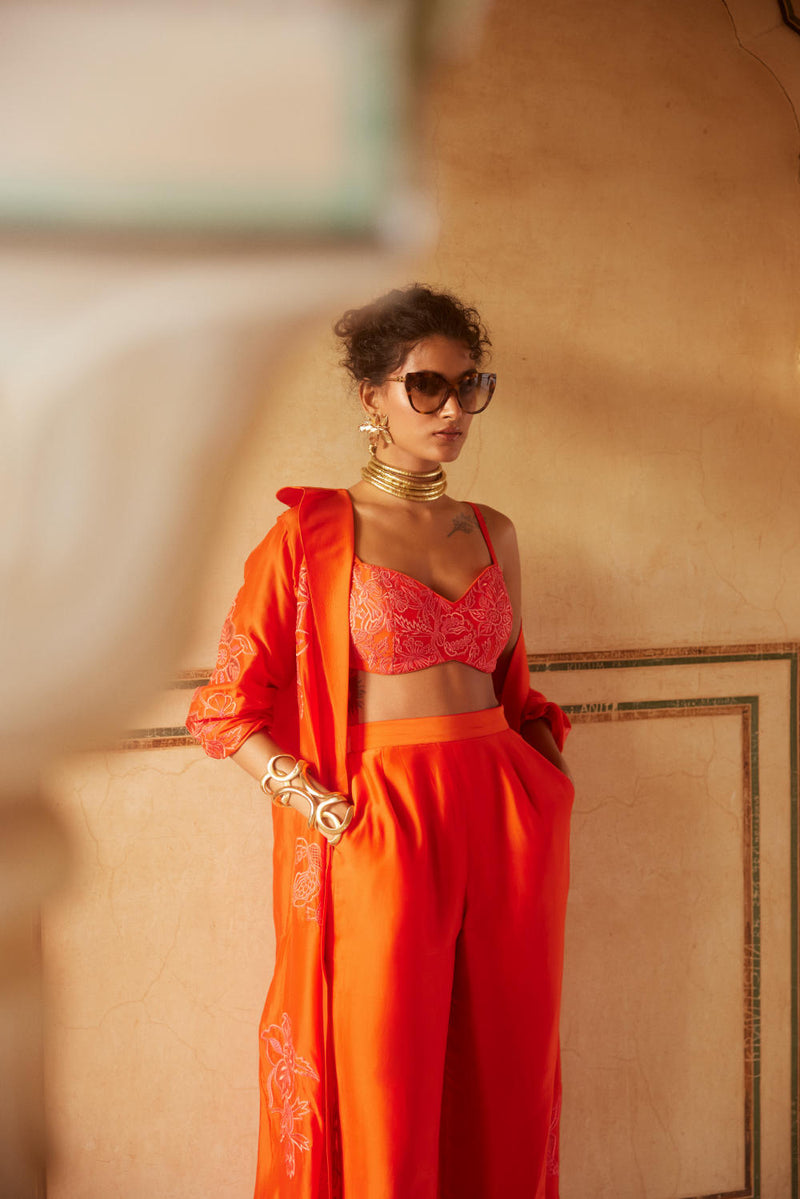 PH-2302 Blouse Jacket Trouser Set-Vemillion organza by Paulmi & Harsh for women Worldwide