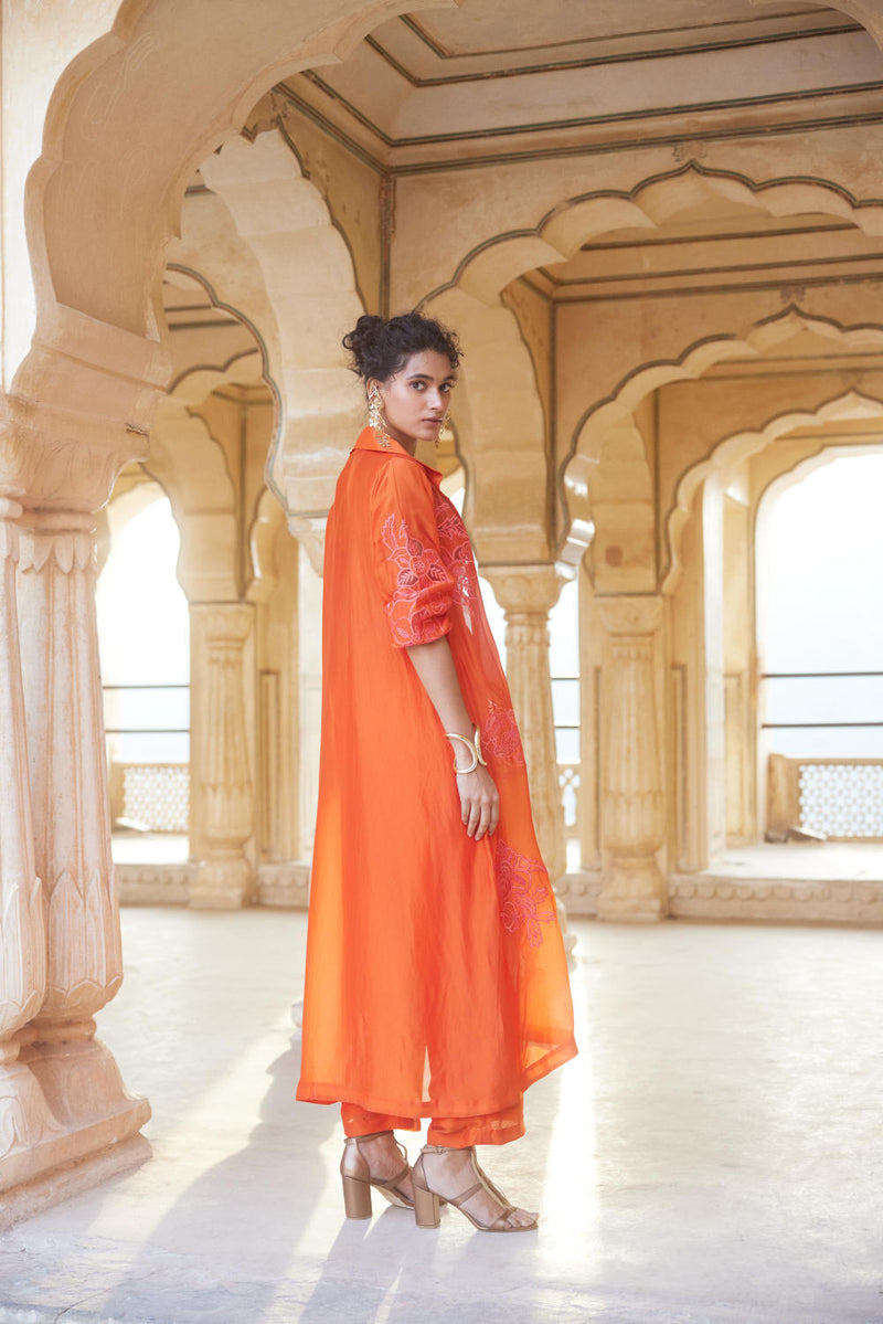 PH-2302 Blouse Jacket Trouser Set-Vemillion organza by Paulmi & Harsh for women Worldwide