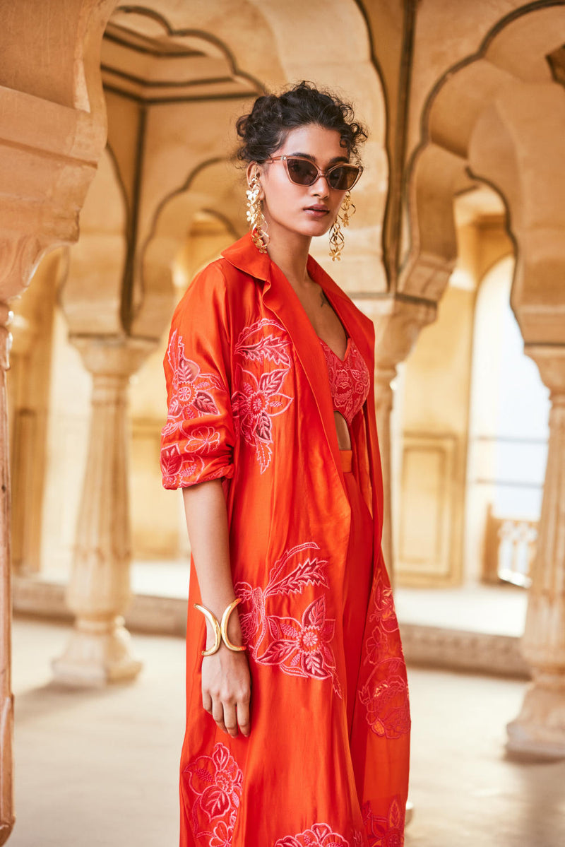PH-2302 Blouse Jacket Trouser Set-Vemillion organza by Paulmi & Harsh for women Worldwide