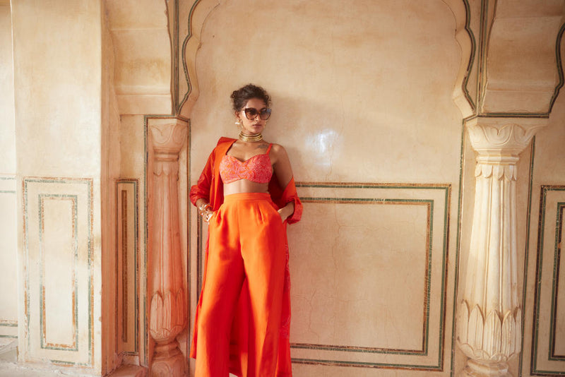 PH-2302 Blouse Jacket Trouser Set-Vemillion organza by Paulmi & Harsh for women Worldwide