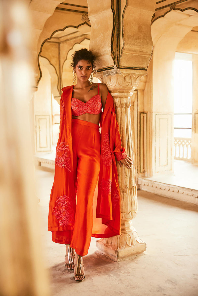 PH-2302 Blouse Jacket Trouser Set-Vemillion organza by Paulmi & Harsh for women Worldwide