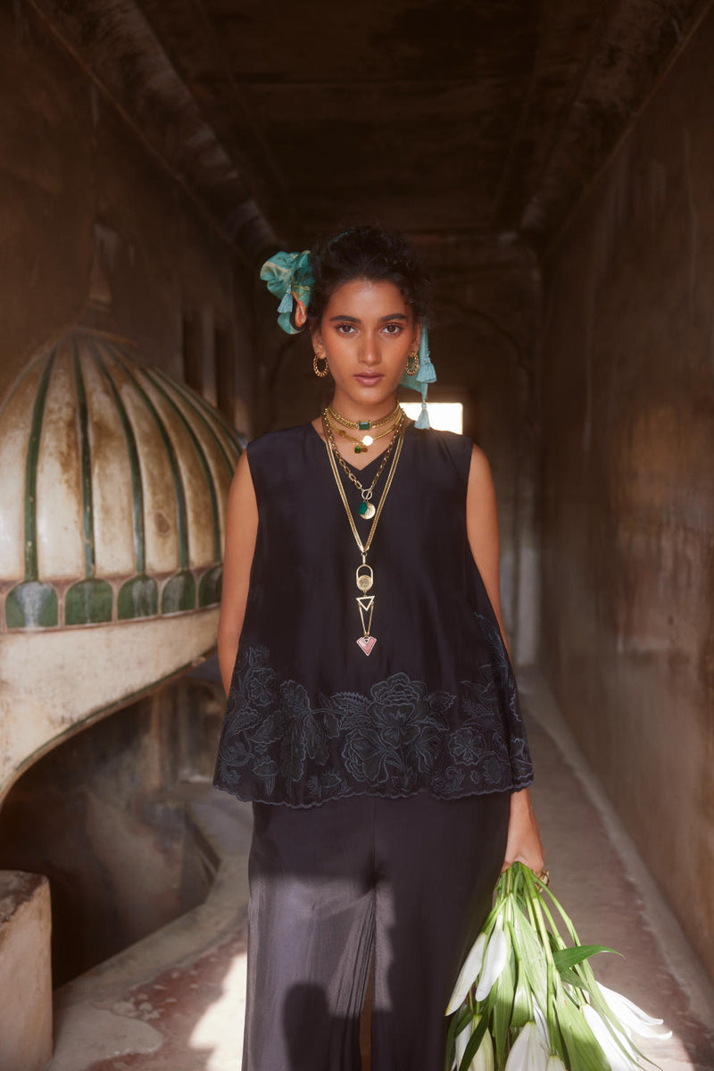 PH-2304 Top Trouser Set-Black organza by Paulmi & Harsh in black color for women Worldwide