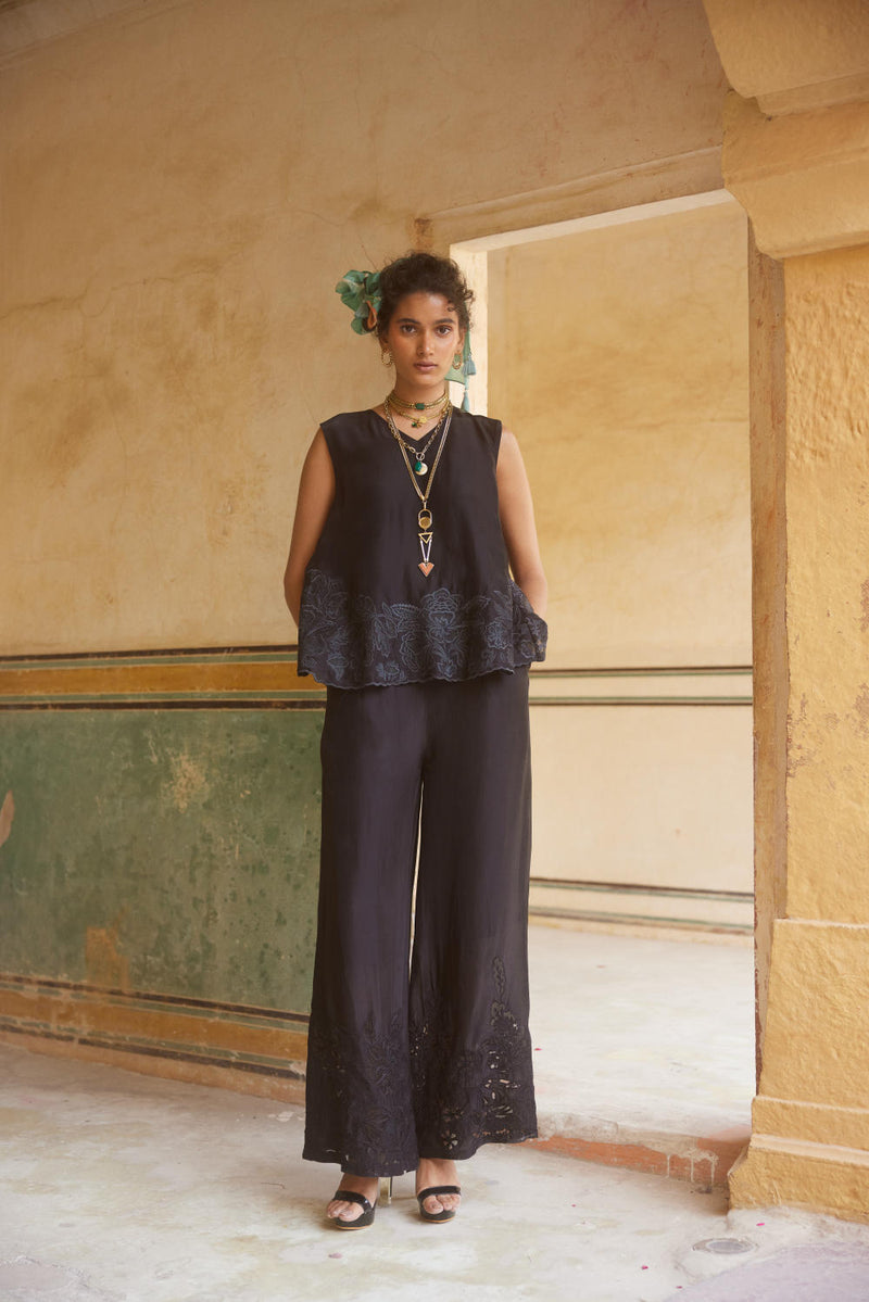 PH-2304 Top Trouser Set-Black organza by Paulmi & Harsh in black color for women Worldwide