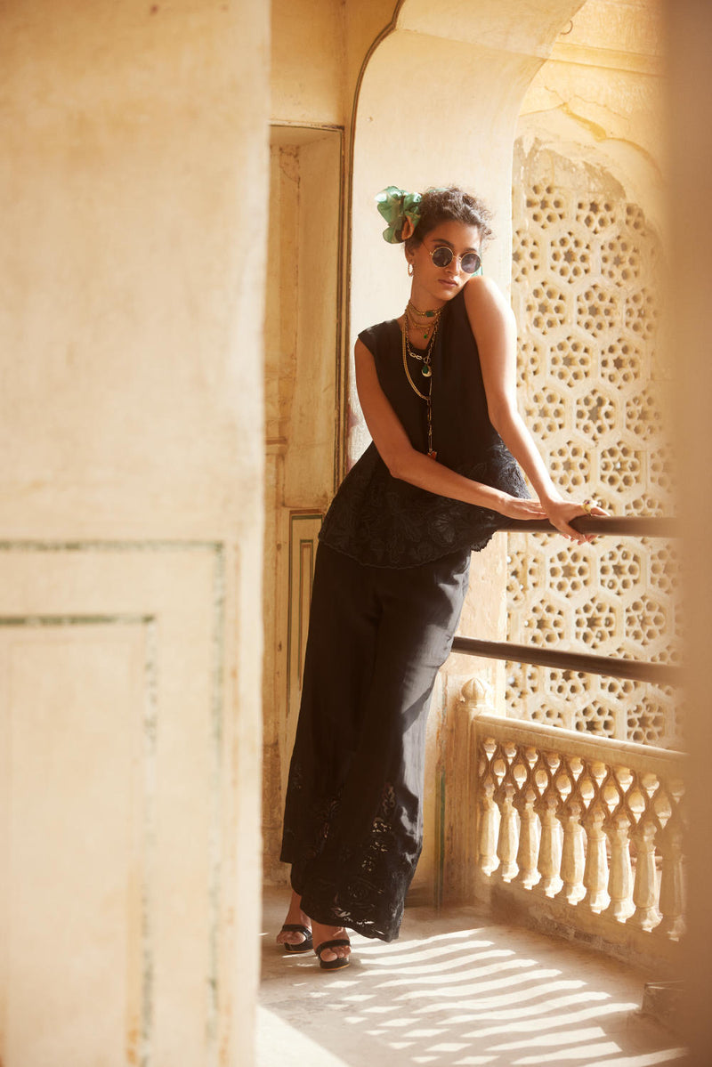 PH-2304 Top Trouser Set-Black organza by Paulmi & Harsh in black color for women Worldwide