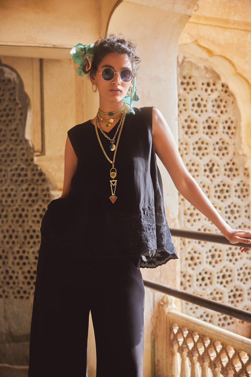 PH-2304 Top Trouser Set-Black organza by Paulmi & Harsh in black color for women Worldwide