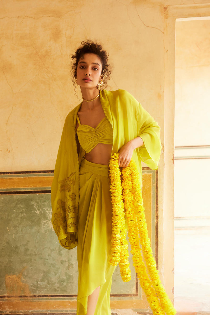 PH-2308 Cape Blouse Skirt Set-Lime yellow organza by Paulmi & Harsh in yellow color for women Worldwide