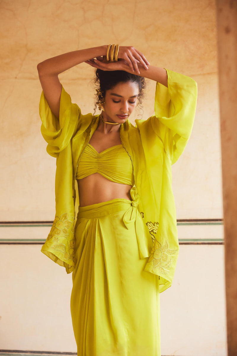 PH-2308 Cape Blouse Skirt Set-Lime yellow organza by Paulmi & Harsh in yellow color for women Worldwide