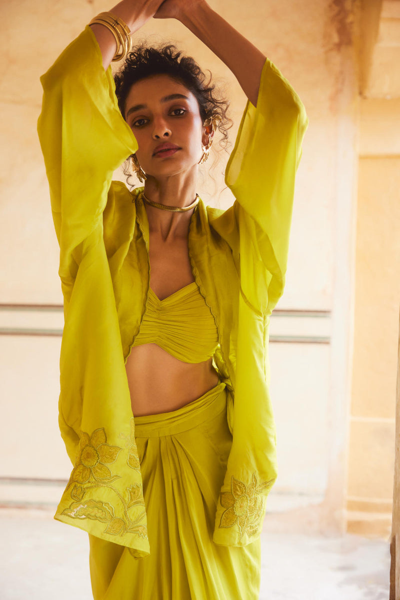 PH-2308 Cape Blouse Skirt Set-Lime yellow organza by Paulmi & Harsh in yellow color for women Worldwide