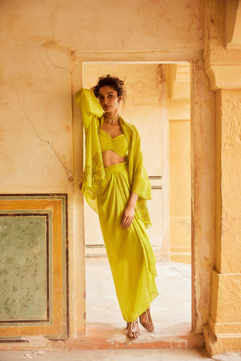 PH-2308 Cape Blouse Skirt Set-Lime yellow organza by Paulmi & Harsh in yellow color for women Worldwide