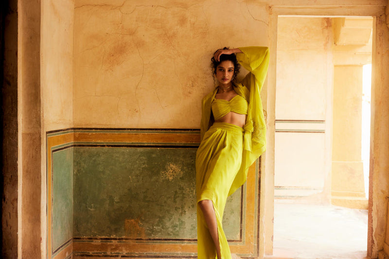 PH-2308 Cape Blouse Skirt Set-Lime yellow organza by Paulmi & Harsh in yellow color for women Worldwide