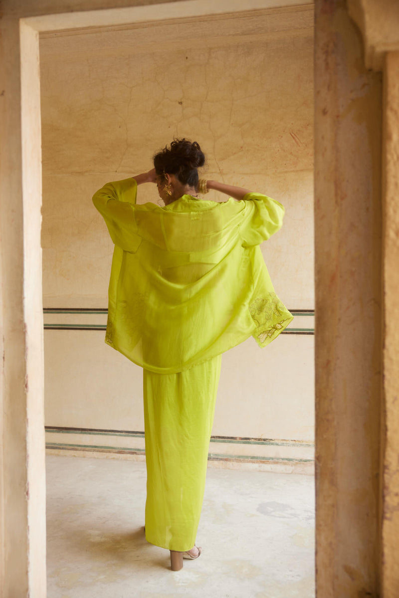 PH-2308 Cape Blouse Skirt Set-Lime yellow organza by Paulmi & Harsh in yellow color for women Worldwide
