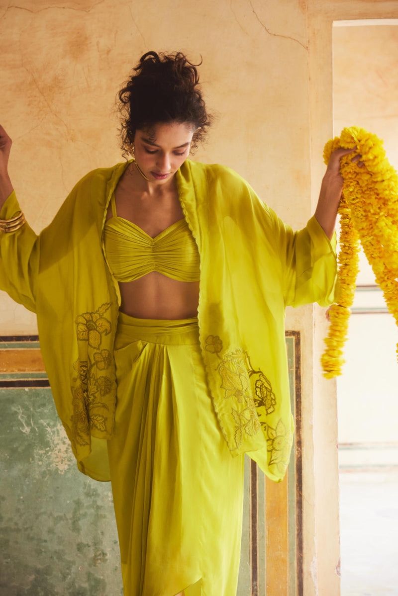 PH-2308 Cape Blouse Skirt Set-Lime yellow organza by Paulmi & Harsh in yellow color for women Worldwide