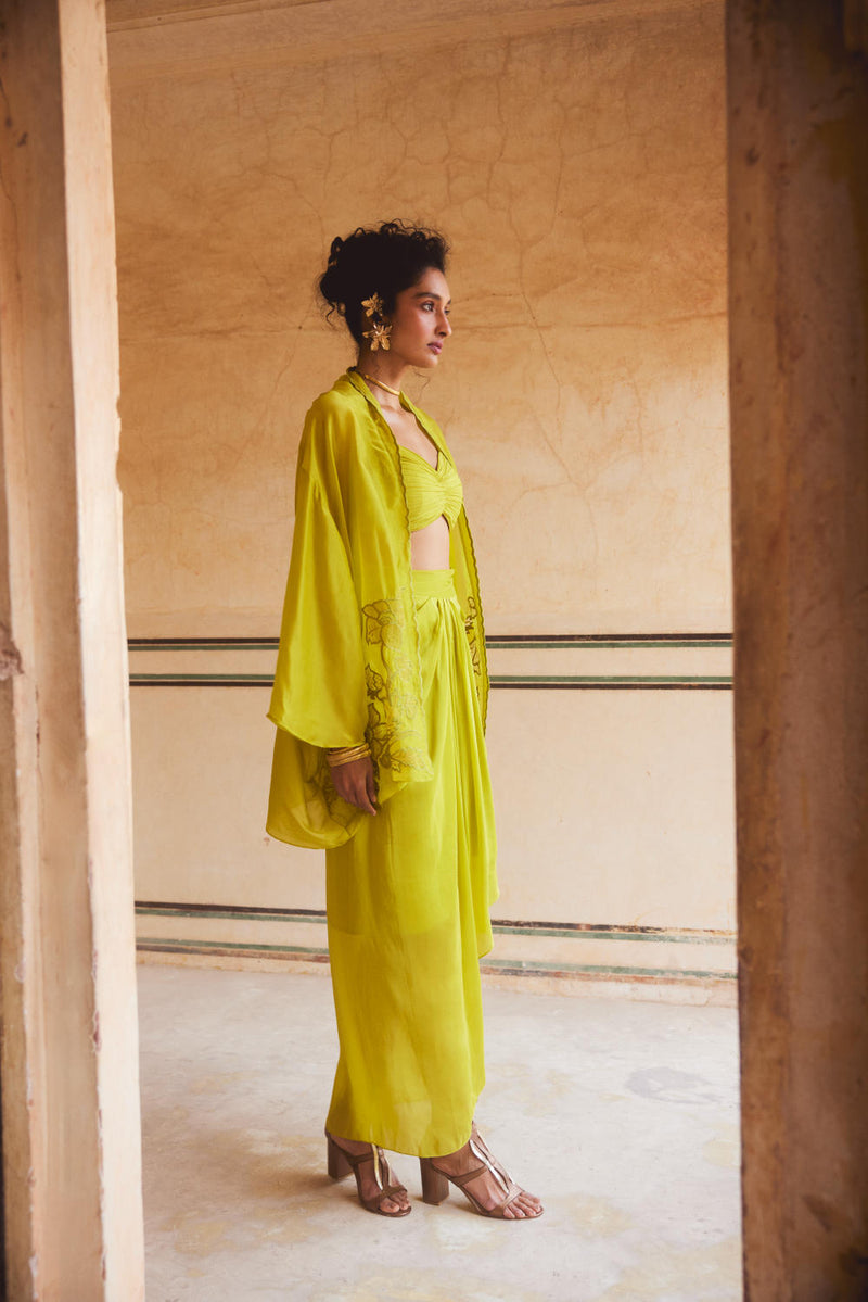 PH-2308 Cape Blouse Skirt Set-Lime yellow organza by Paulmi & Harsh in yellow color for women Worldwide