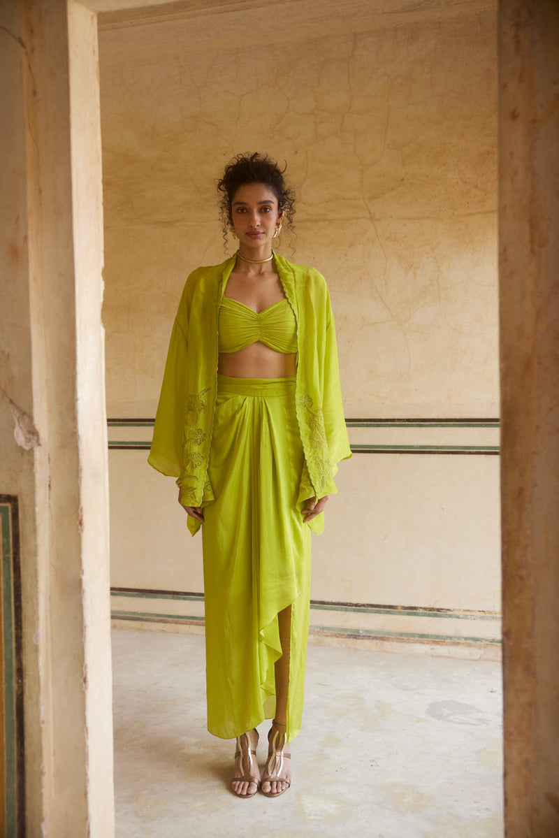 PH-2308 Cape Blouse Skirt Set-Lime yellow organza by Paulmi & Harsh in yellow color for women Worldwide