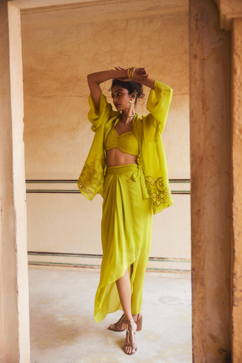 PH-2308 Cape Blouse Skirt Set-Lime yellow organza by Paulmi & Harsh in yellow color for women Worldwide