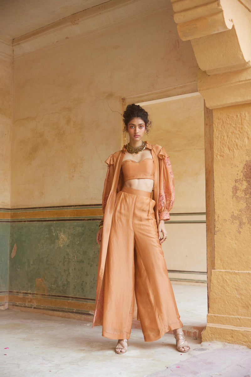 PH-2311 
Jacket 
Blouse 
Trouser Set-Peachy orange organza by Paulmi & Harsh in peach color for women Worldwide