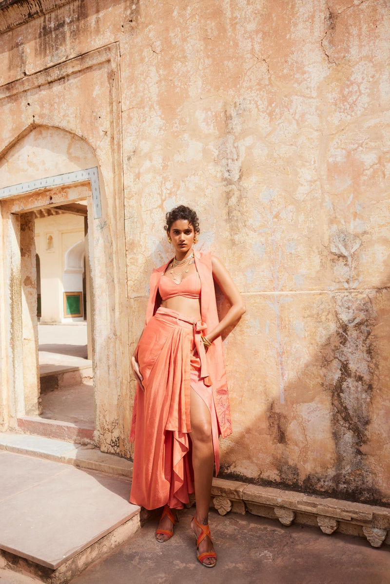 PH-2312 
Jacket 
Blouse 
Skirt Set-Coral by Paulmi & Harsh for women Worldwide