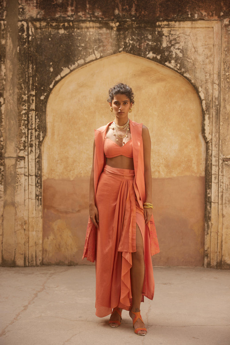 PH-2312 
Jacket 
Blouse 
Skirt Set-Coral by Paulmi & Harsh for women Worldwide