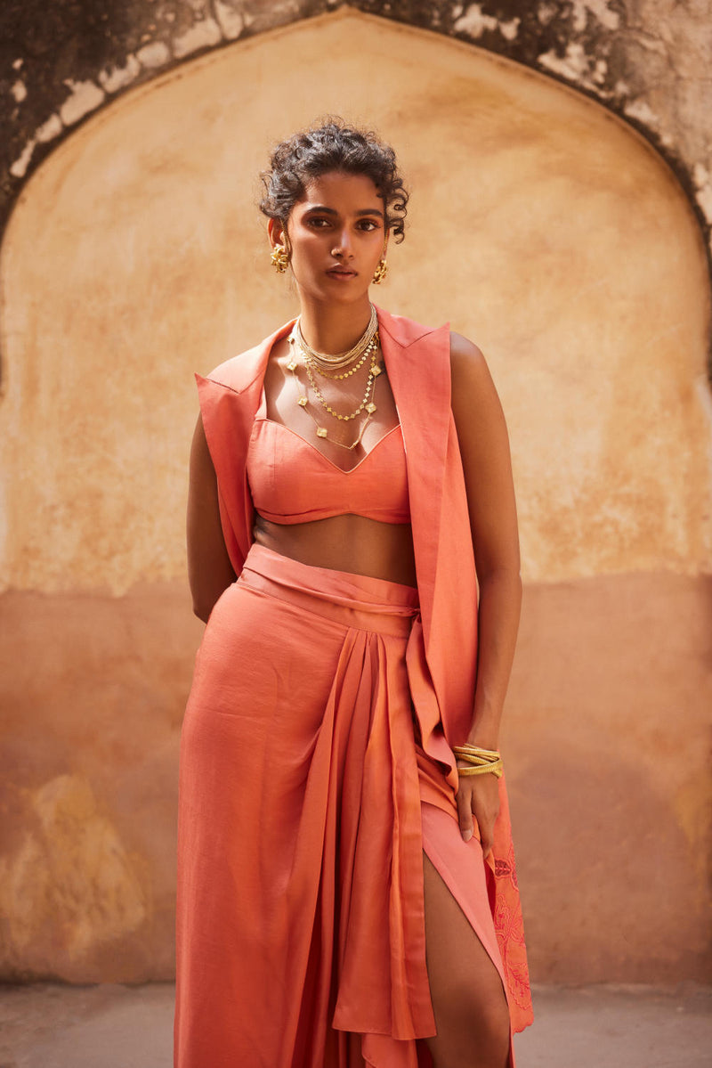 PH-2312 
Jacket 
Blouse 
Skirt Set-Coral by Paulmi & Harsh for women Worldwide