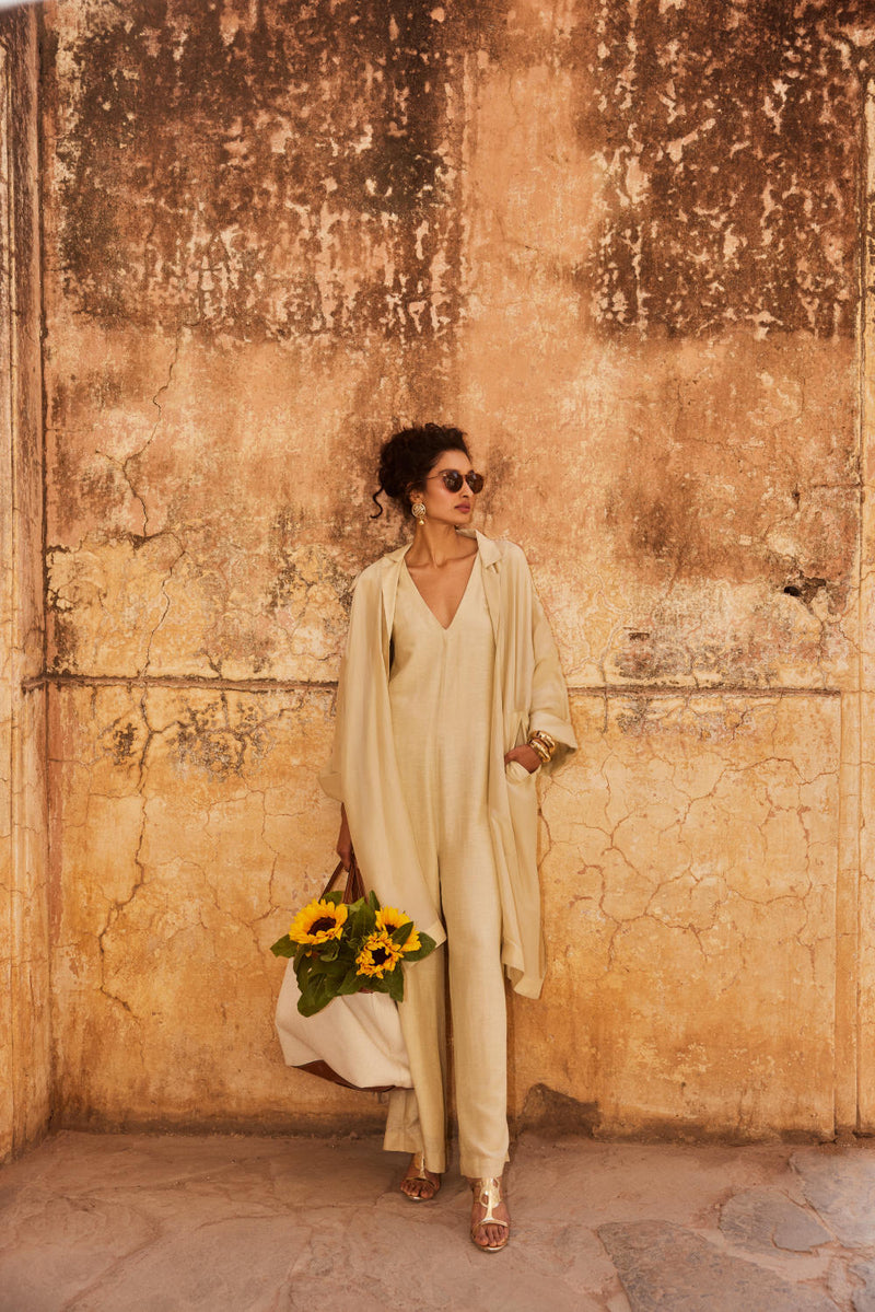 PH-2314 Jumpsuit Jacket Set-Ivory by Paulmi & Harsh in ivory color for women Worldwide
