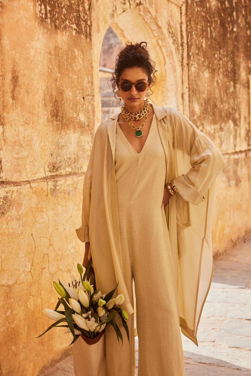 PH-2314 Jumpsuit Jacket Set-Ivory by Paulmi & Harsh in ivory color for women Worldwide