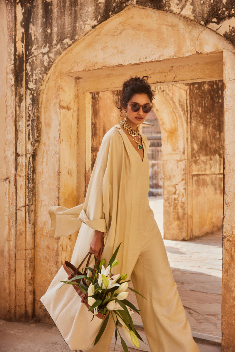 PH-2314 Jumpsuit Jacket Set-Ivory by Paulmi & Harsh in ivory color for women Worldwide