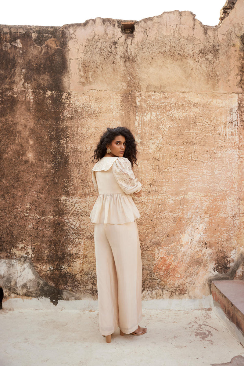 PH-2315 
Peplum 
Trouser Set-Ivory organza by Paulmi & Harsh in ivory color for women Worldwide