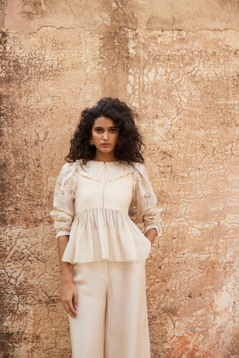 PH-2315 
Peplum 
Trouser Set-Ivory organza by Paulmi & Harsh in ivory color for women Worldwide