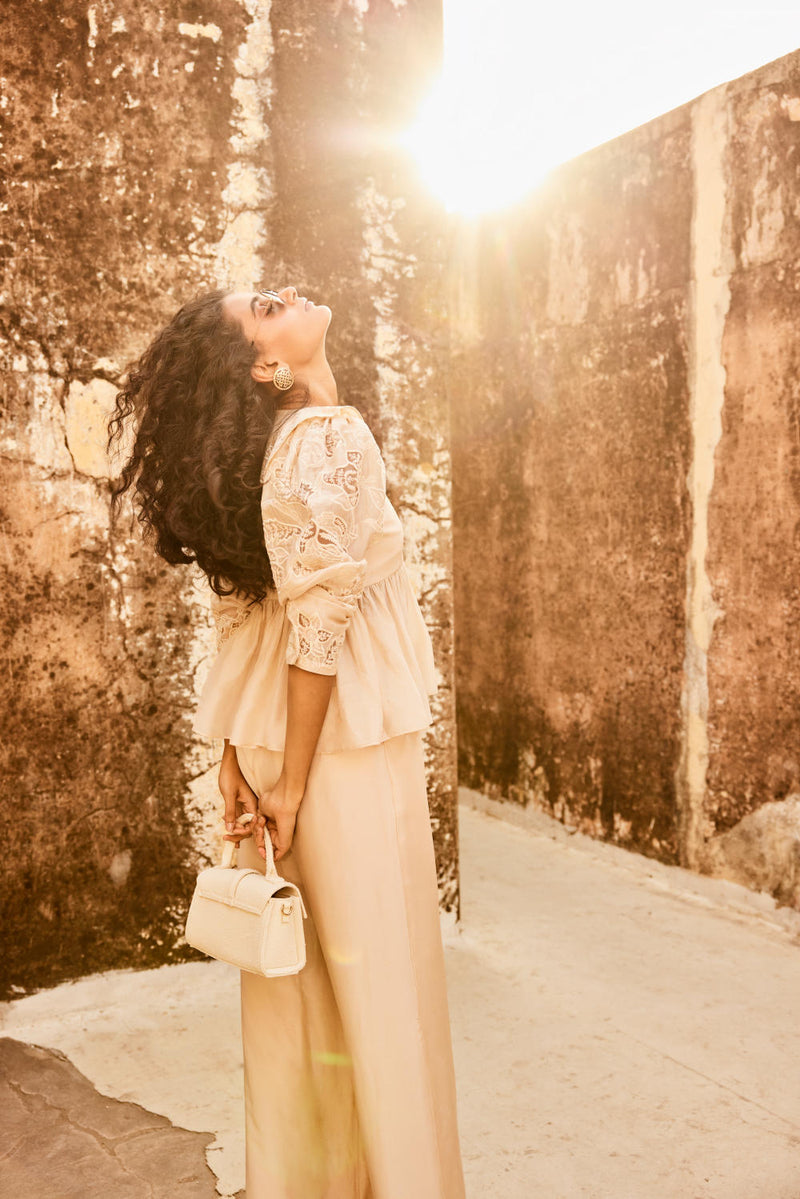 PH-2315 
Peplum 
Trouser Set-Ivory organza by Paulmi & Harsh in ivory color for women Worldwide