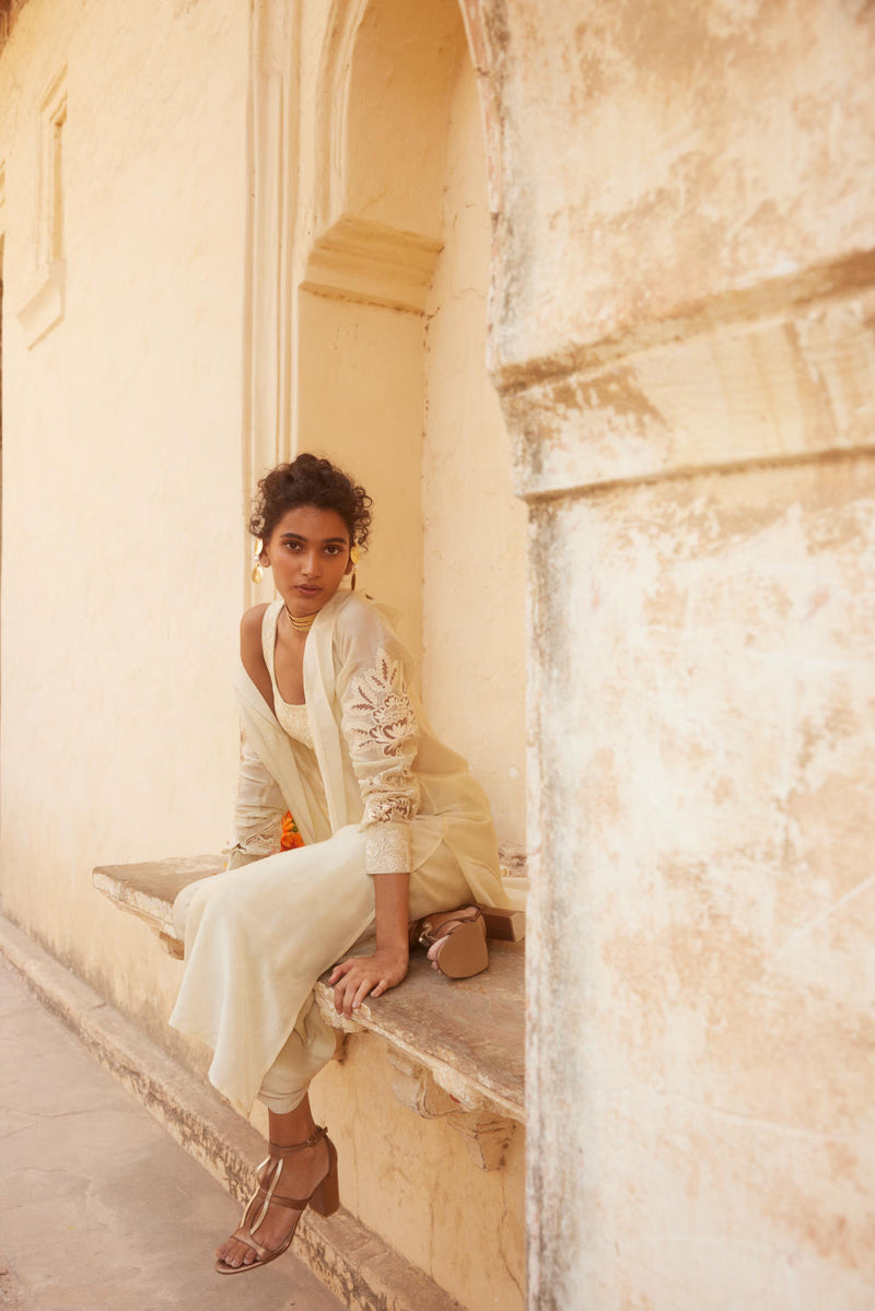 PH-2317 
Blouse 
Jacket 
Trouser Set-Ivory organza by Paulmi & Harsh in ivory color for women Worldwide