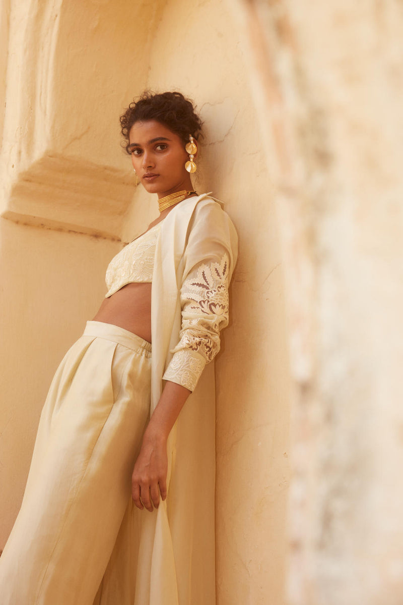 PH-2317 
Blouse 
Jacket 
Trouser Set-Ivory organza by Paulmi & Harsh in ivory color for women Worldwide