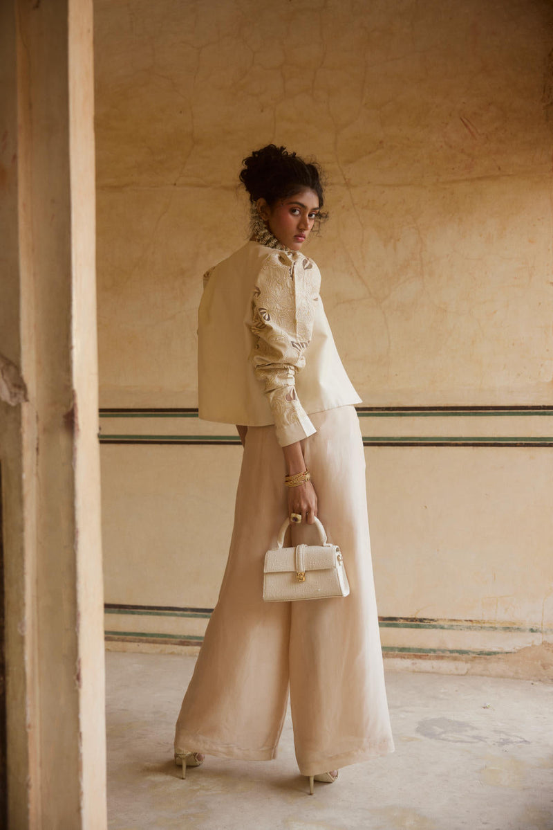 PH-2318 04 
Jacket 
Blouse 
Trouser 
Scarf Set-Ivory organza by Paulmi & Harsh in ivory color for women Worldwide
