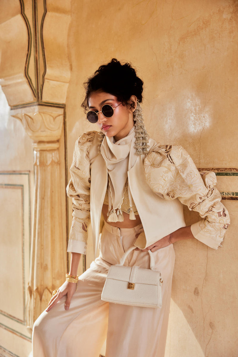 PH-2318 04 
Jacket 
Blouse 
Trouser 
Scarf Set-Ivory organza by Paulmi & Harsh in ivory color for women Worldwide