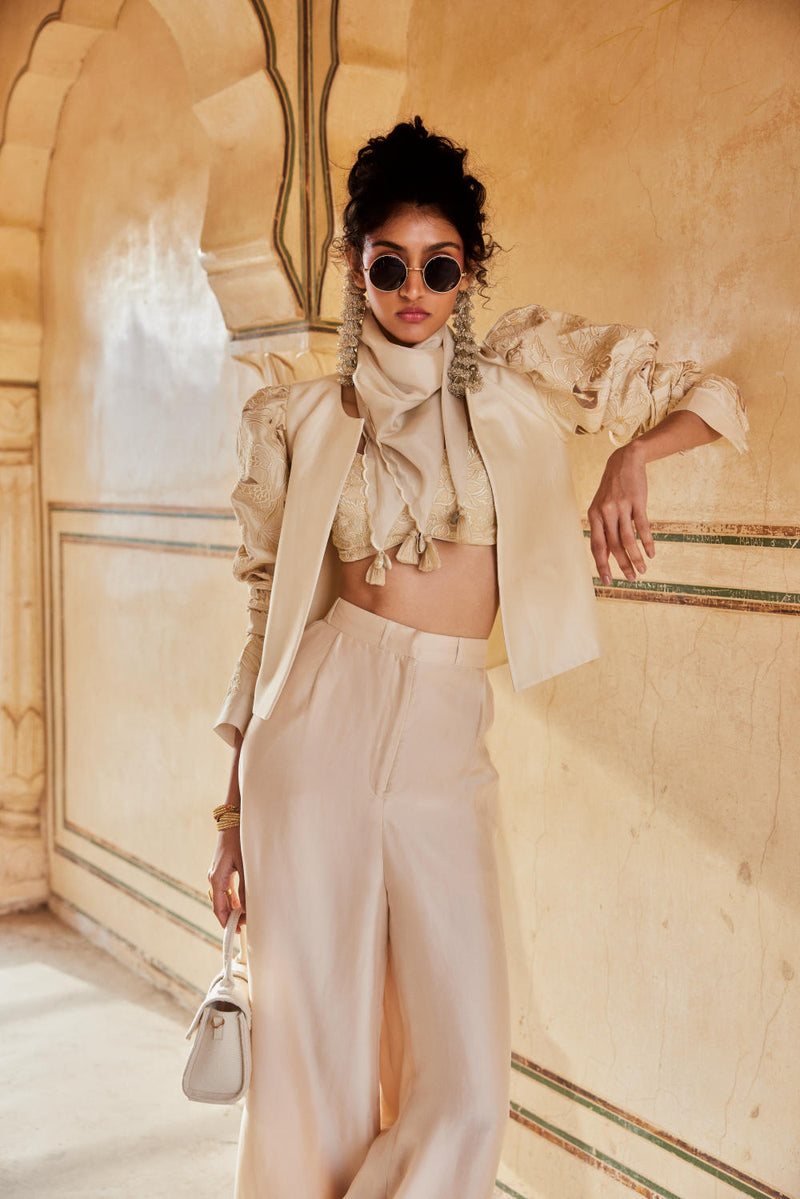 PH-2318 04 
Jacket 
Blouse 
Trouser 
Scarf Set-Ivory organza by Paulmi & Harsh in ivory color for women Worldwide