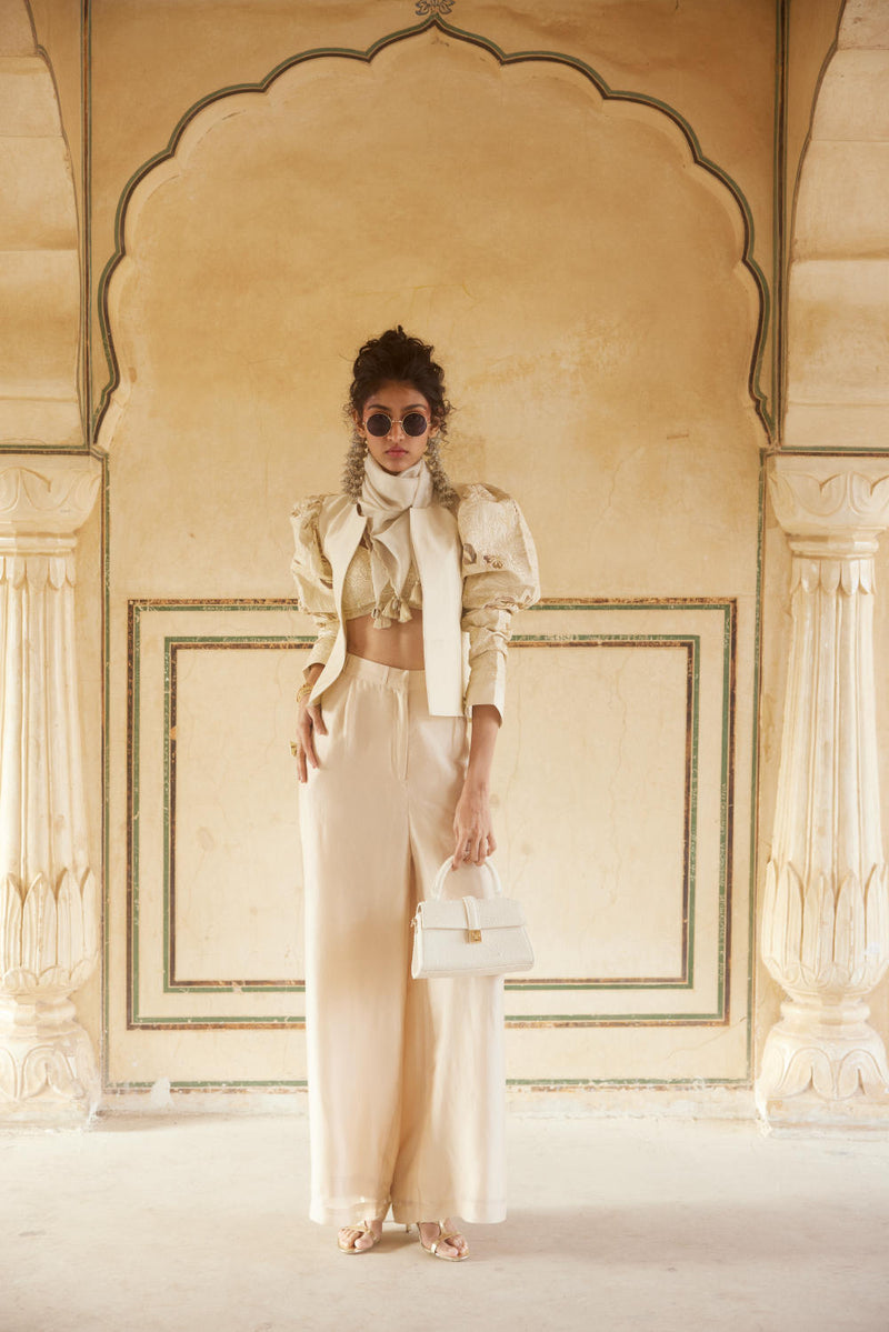 PH-2318 04 
Jacket 
Blouse 
Trouser 
Scarf Set-Ivory organza by Paulmi & Harsh in ivory color for women Worldwide
