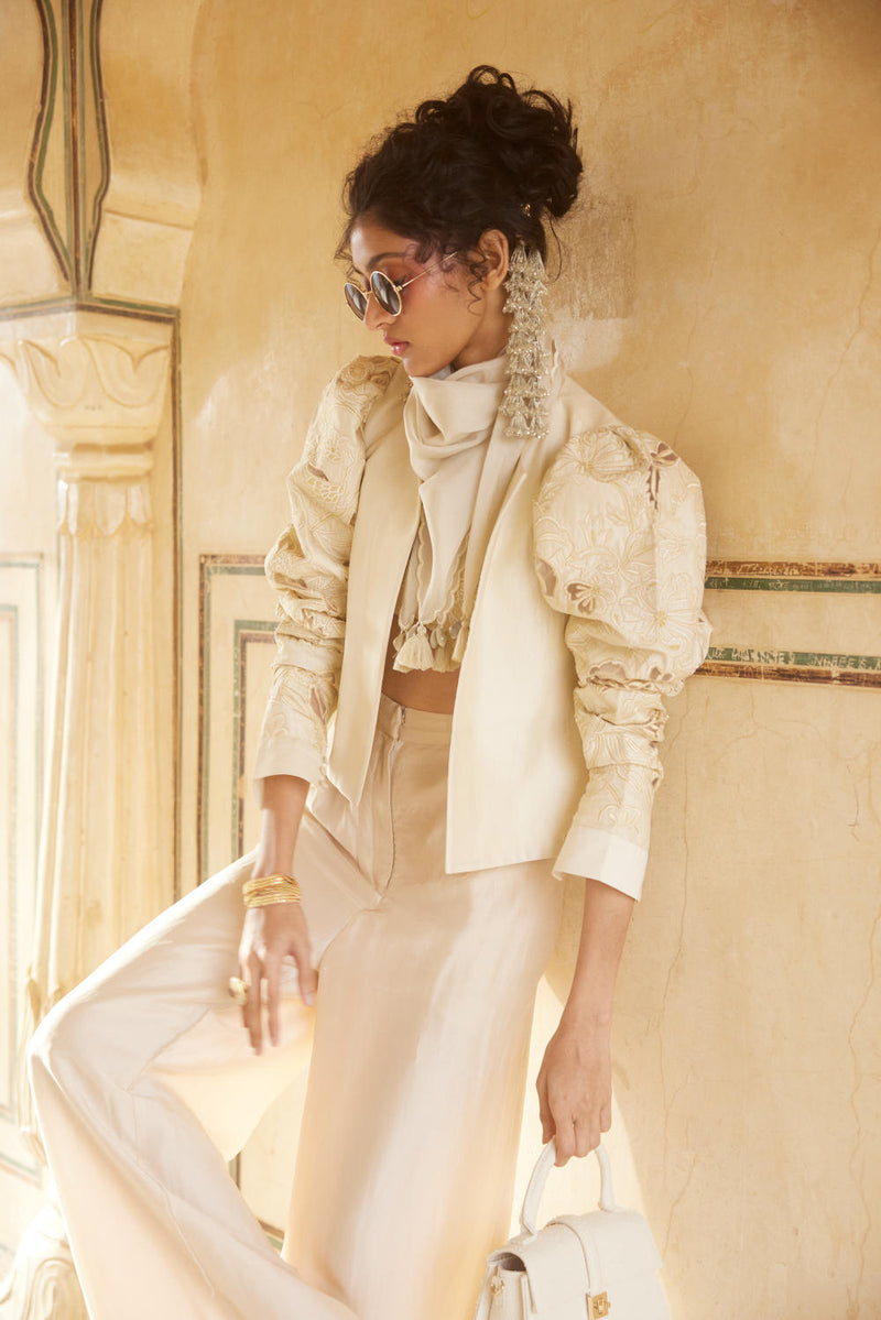 PH-2318 04 
Jacket 
Blouse 
Trouser 
Scarf Set-Ivory organza by Paulmi & Harsh in ivory color for women Worldwide