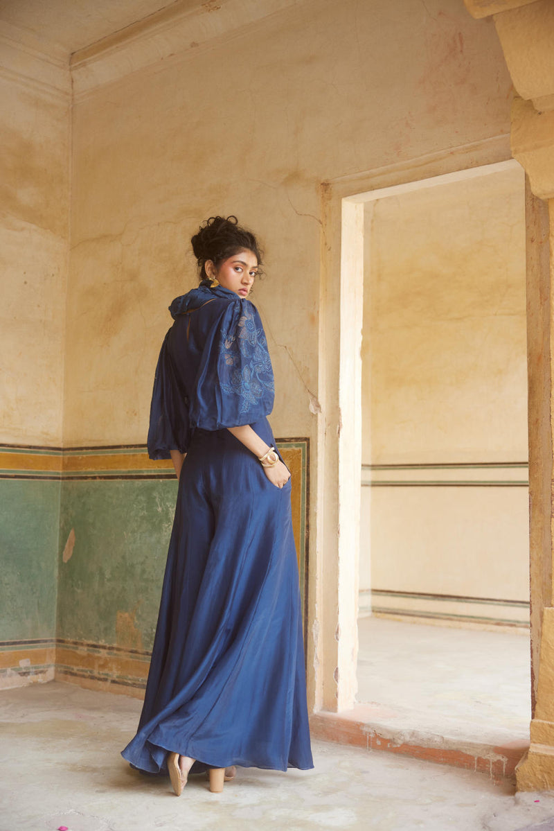 PH-2319 
Jumpsuit 
Scarf Set-Blue organza by Paulmi & Harsh in blue color for women Worldwide