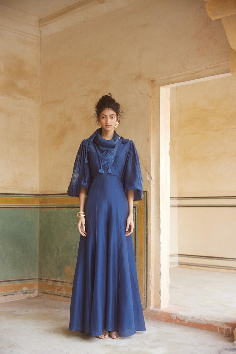 PH-2319 
Jumpsuit 
Scarf Set-Blue organza by Paulmi & Harsh in blue color for women Worldwide