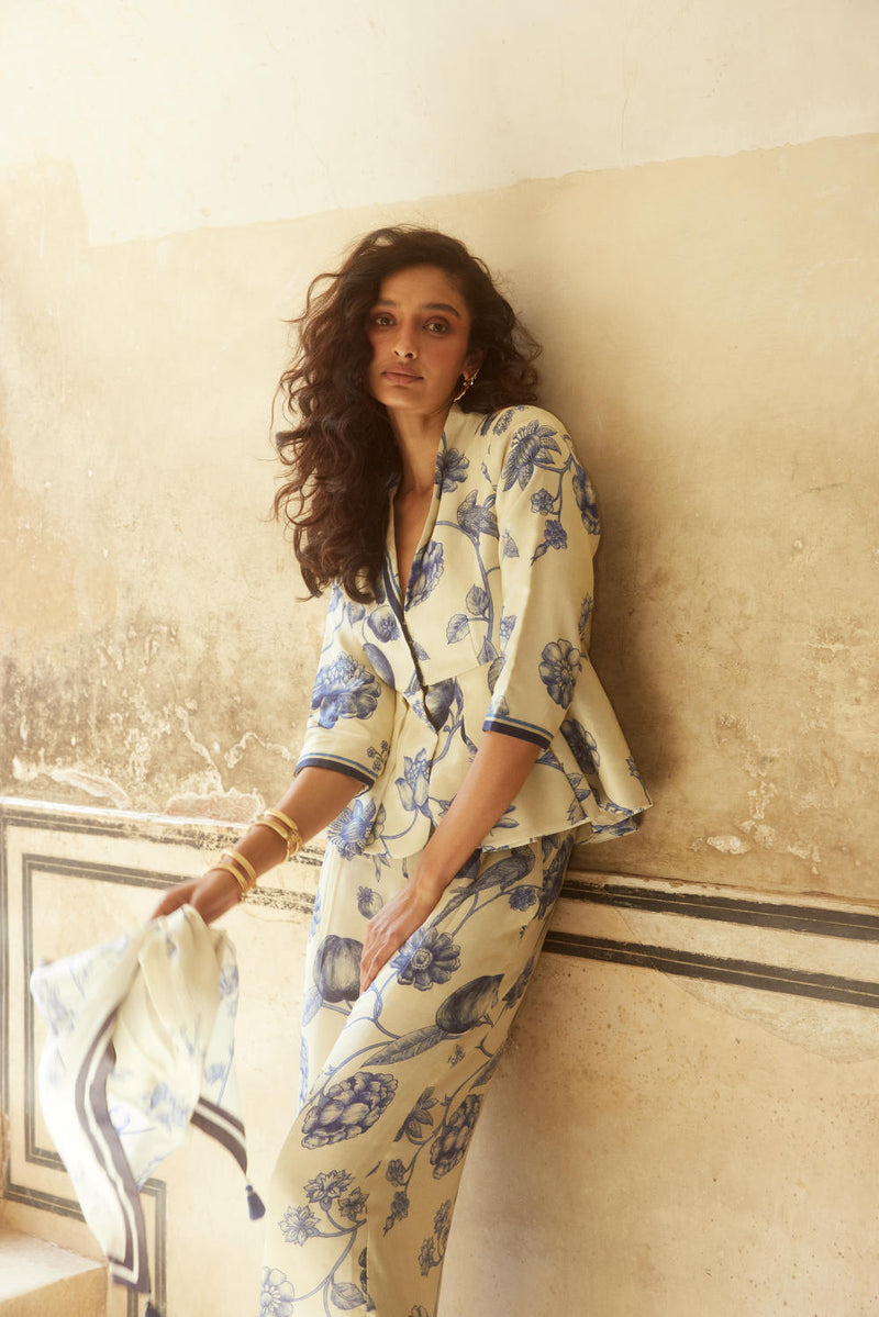 PH-2320 
Peplum 
Trouser Set-Ivory with blue print by Paulmi & Harsh in ivory color for women Worldwide